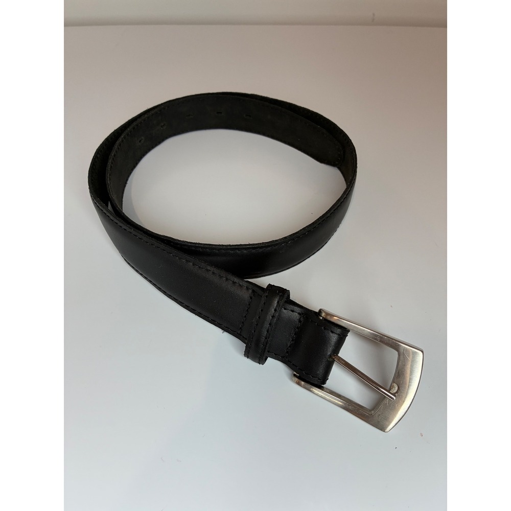 Mens Black Leather Belt Silver Tone Buckle Classic Dress Casual Size 36